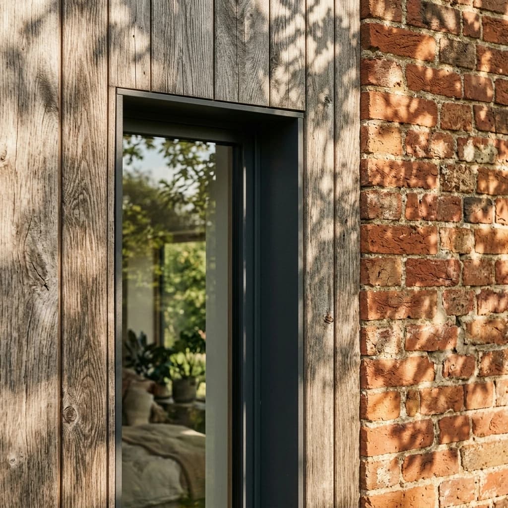 Close detail of natural insulation meeting traditional brickwork at a new glazing reveal