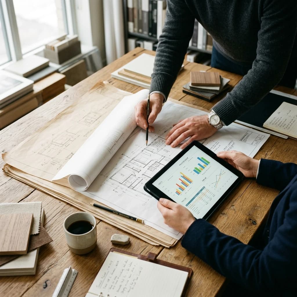 Two people reviewing project plans and figures across a table