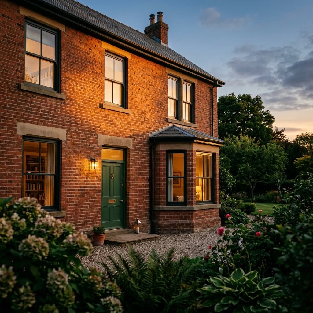 A retrofitted period property at dusk, warm light showing through its windows