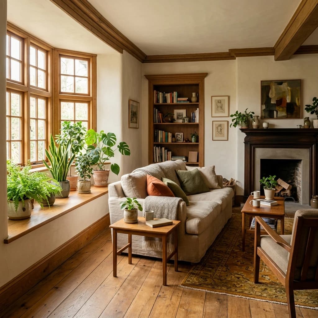 A finished interior full of daylight, with a deep window reveal and planting